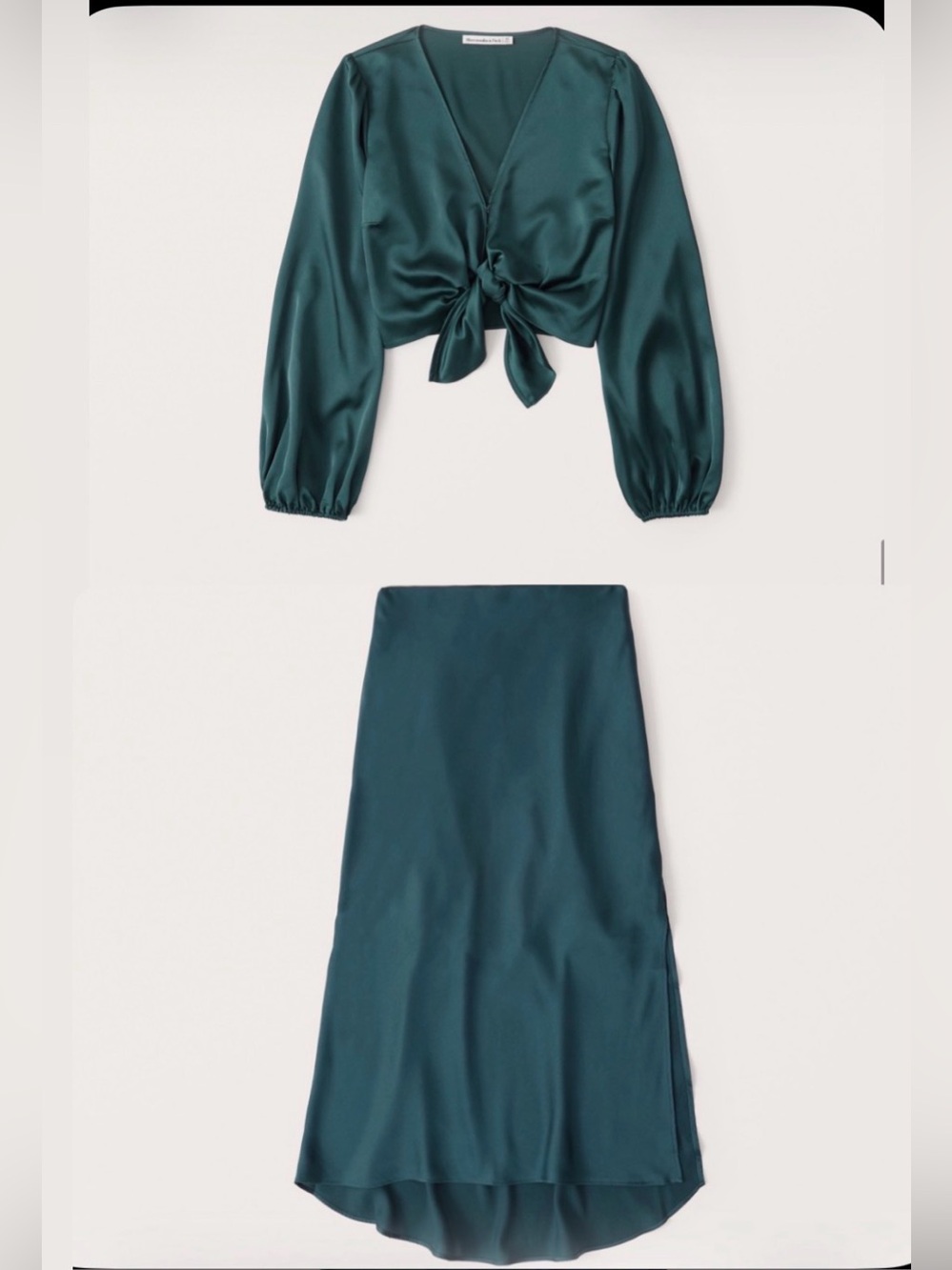 2 Piece: Long-Sleeve Tie-Front Satin Blouse + High-Slit Satin Midi Skirt TEAL